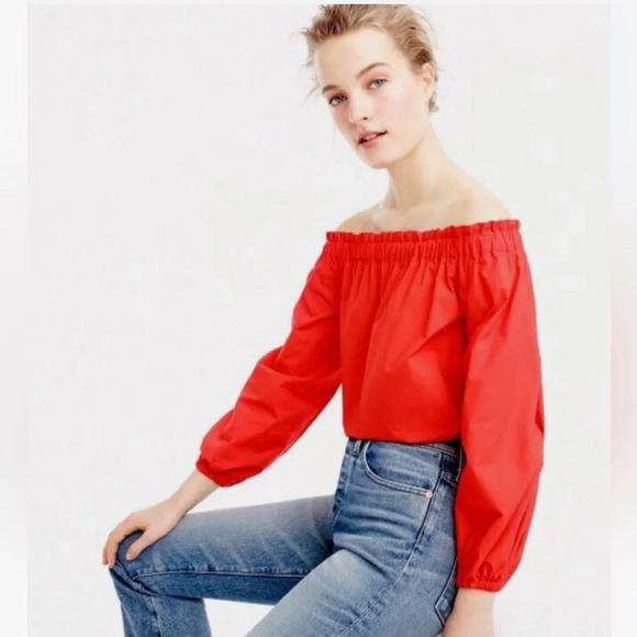 J. Crew Tops - J. Crew Womens Off-the-Shoulder Blouse Size‎ 0 Red 100% Cotton Preppy